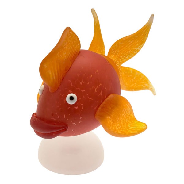 Red Goldfish Queen, glass sculpture by Borowski glass. Buy glass art online. Glass for sale online. Art for sale online. Norfolk art gallery, Riverside Art and Glass, Wroxham, East Anglia, United Kingdom. Gallery in the Lanes, Norwich.