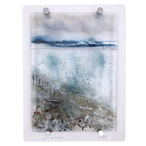 Egrets on the Foreshore, fused glass wall art by Cathy Constable. Buy glass art online. Glass for sale online. Art for sale online. Norfolk art gallery, Riverside Art and Glass, Wroxham, East Anglia, United Kingdom. Gallery in the Lanes, Norwich.